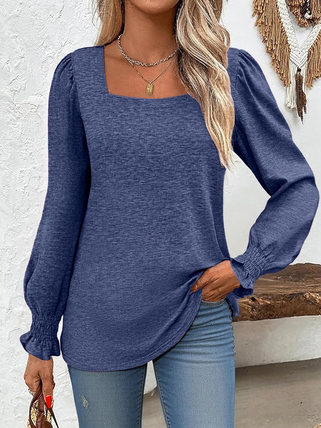 Women's Puff Sleeve Square Neck Shirt Loose Fit Casual Top Long Sleeve Blouse for Fall Winter - Image 2