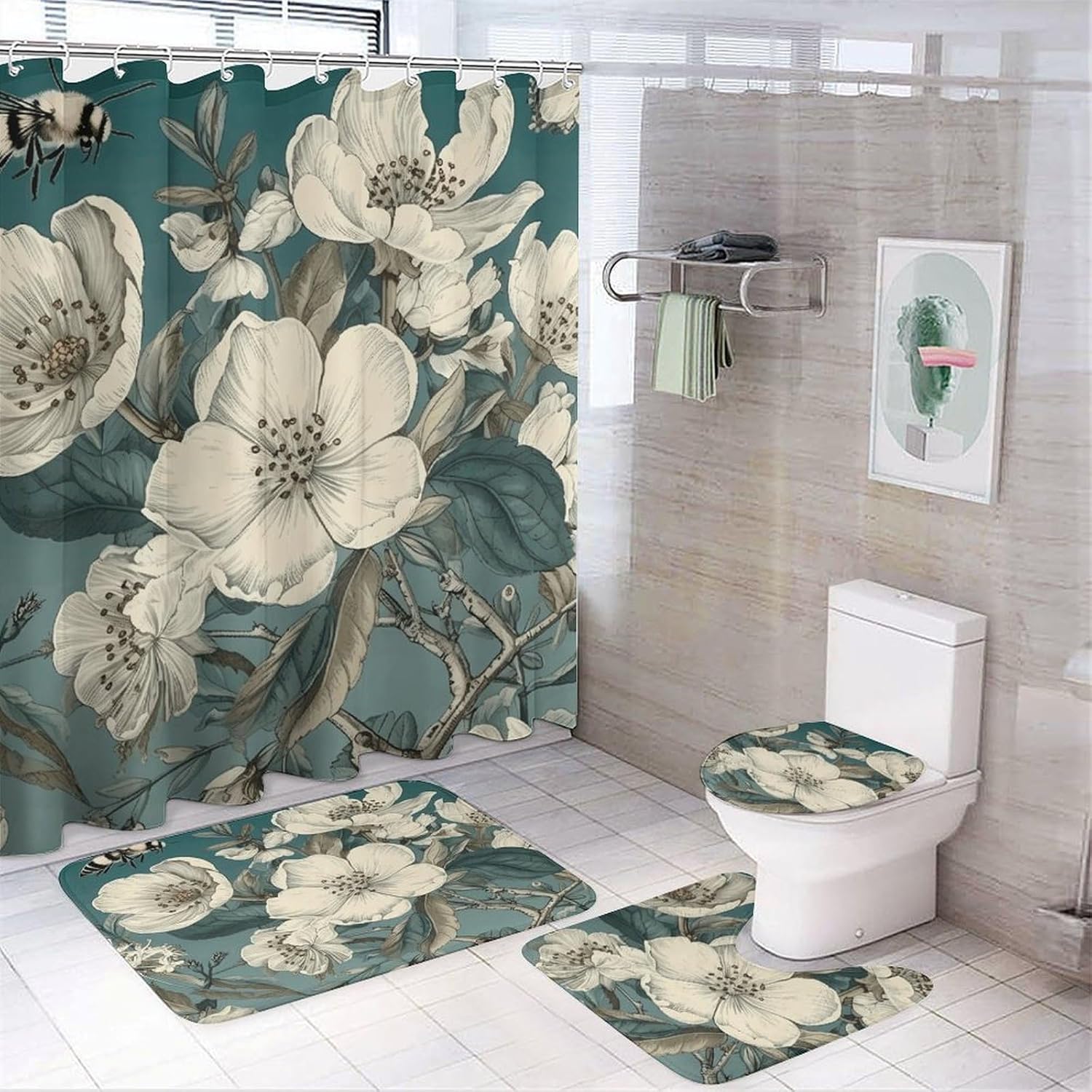 Flowers and Bees 4Pcs Shower Curtain Set with Non-Slip Rugs, Toilet Lid Cover and Bath Mat,Bathroom Set Decor Accessories,Curtain Set with 12 Hooks, 72 X 72 Inch