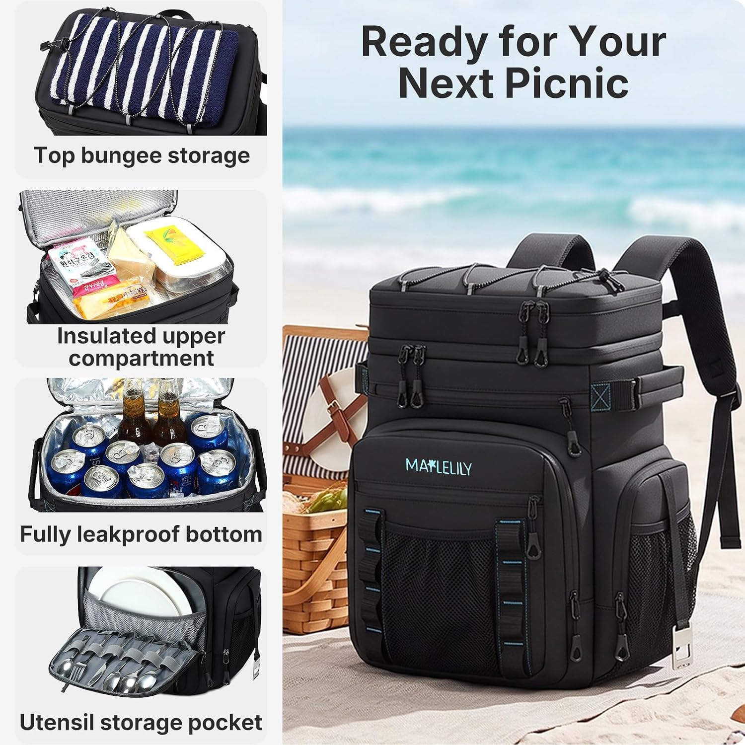 MAPLELILY Insulated Backpack Cooler Leakproof Lunch Backpack