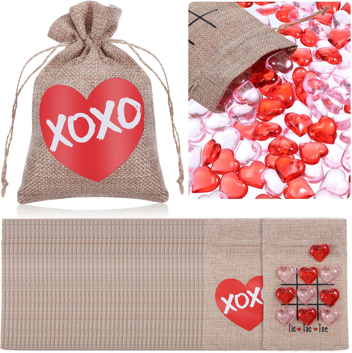 Woanger 36 Set Valentine Tic Tac Toe Bag 4 x 6 Linen Storage Bag with 450 Pink Red Acrylic Heart Valentine Vase Filler Heart Shaped Beads Table Scatter Decoration for Valentine‘s Day Party Game
