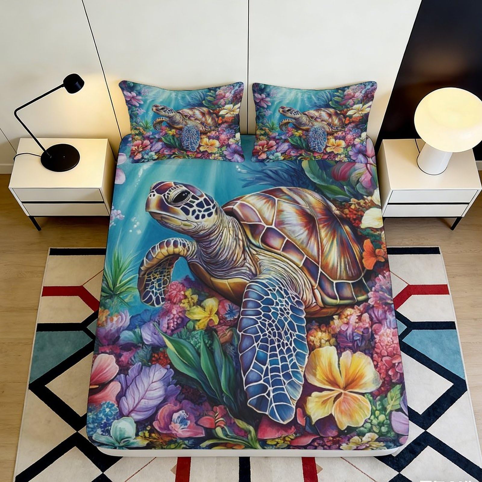3D Printed Sea Turtle Ocean Fitted Sheet Microfiber Floral Mattress Cover for Bedroom Guest Room Decor Protection 90x200x25cm