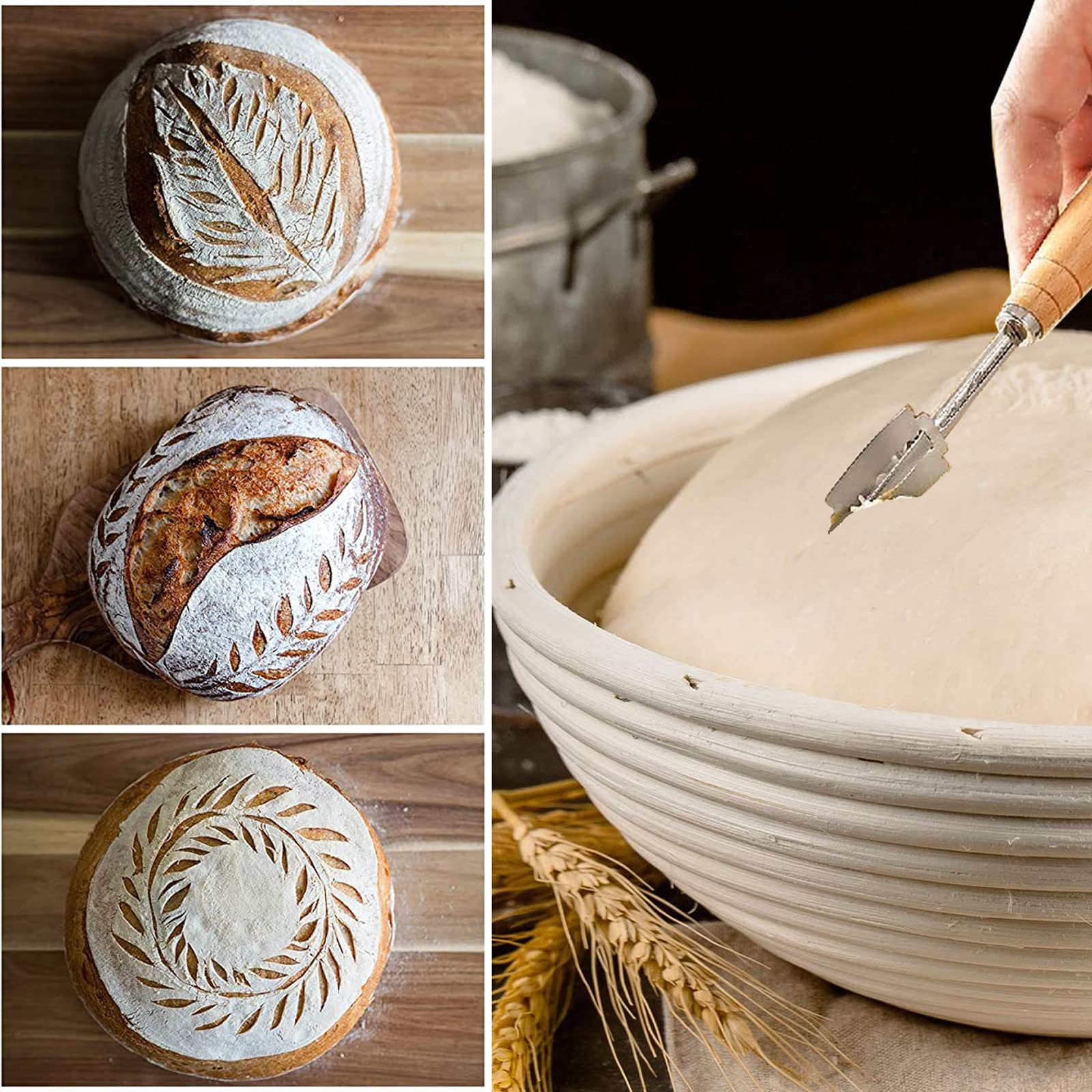 Lot de 2 Paniers à Pain de Ovales,Banneton en Rotin Naturel,Brotform Corbeille Fermentation Imperméabilité,avec Linen Fabric Doublure,Racleur,pour 750g de Pâte,Pizza et Pâtisserie au Levain,25x15 x8cm