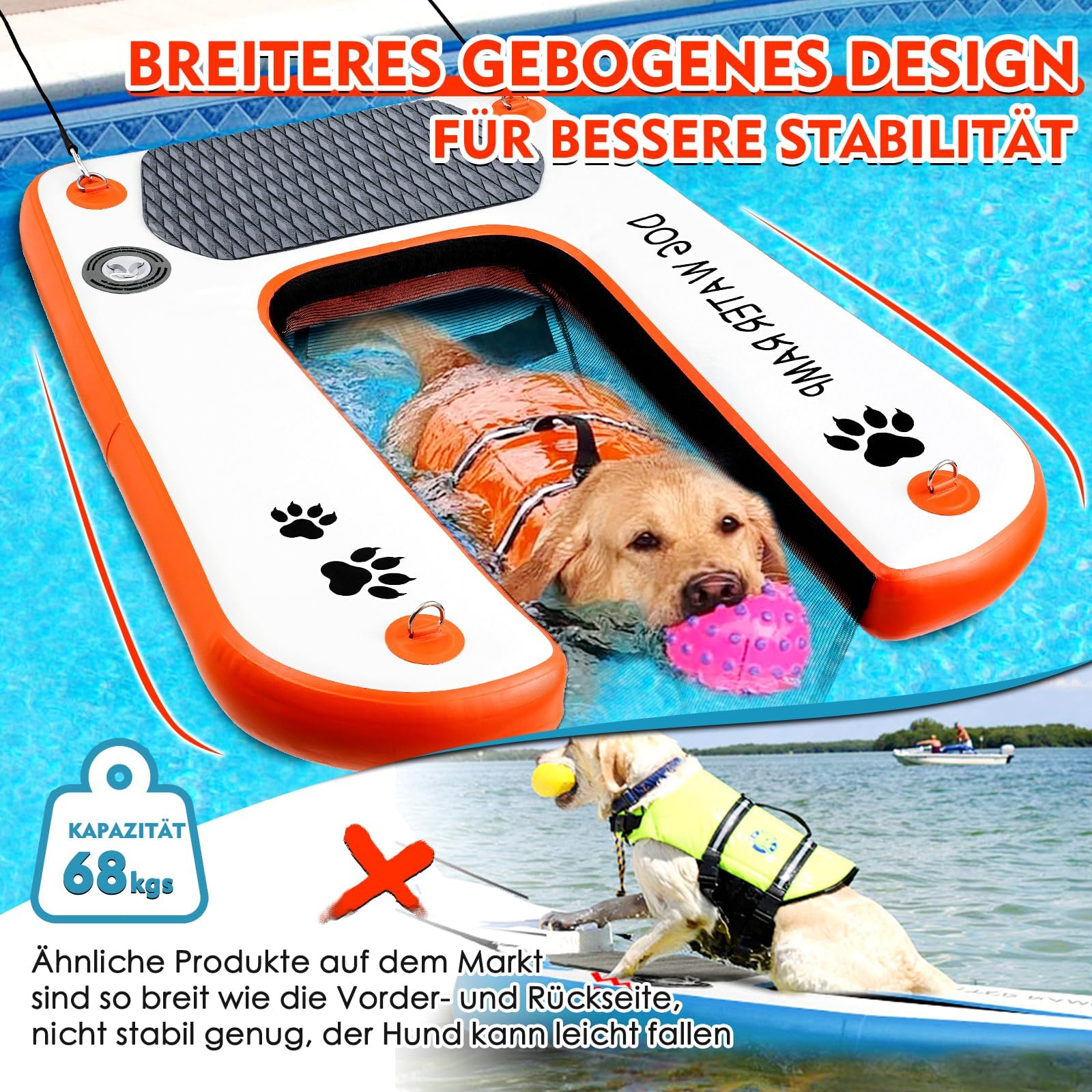 Hundewasserrampe Extra Breite Wasserrampe Pool Leiter, Float Welpen Planke für Pool, Dock & Boot, Haustier Rampe mit Rutschfesten Upgraded Steps, Wasserrampe Leiter für 68kg Hunde Klettern