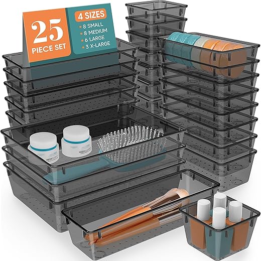 WOWBOX 25 PCS Plastic Drawer Organizer Set, Desk Drawer Divider Organizers and Storage Bins for Makeup, Jewelry, Gadgets for Kitchen, Bedroom, Bathroom, Office, Black
