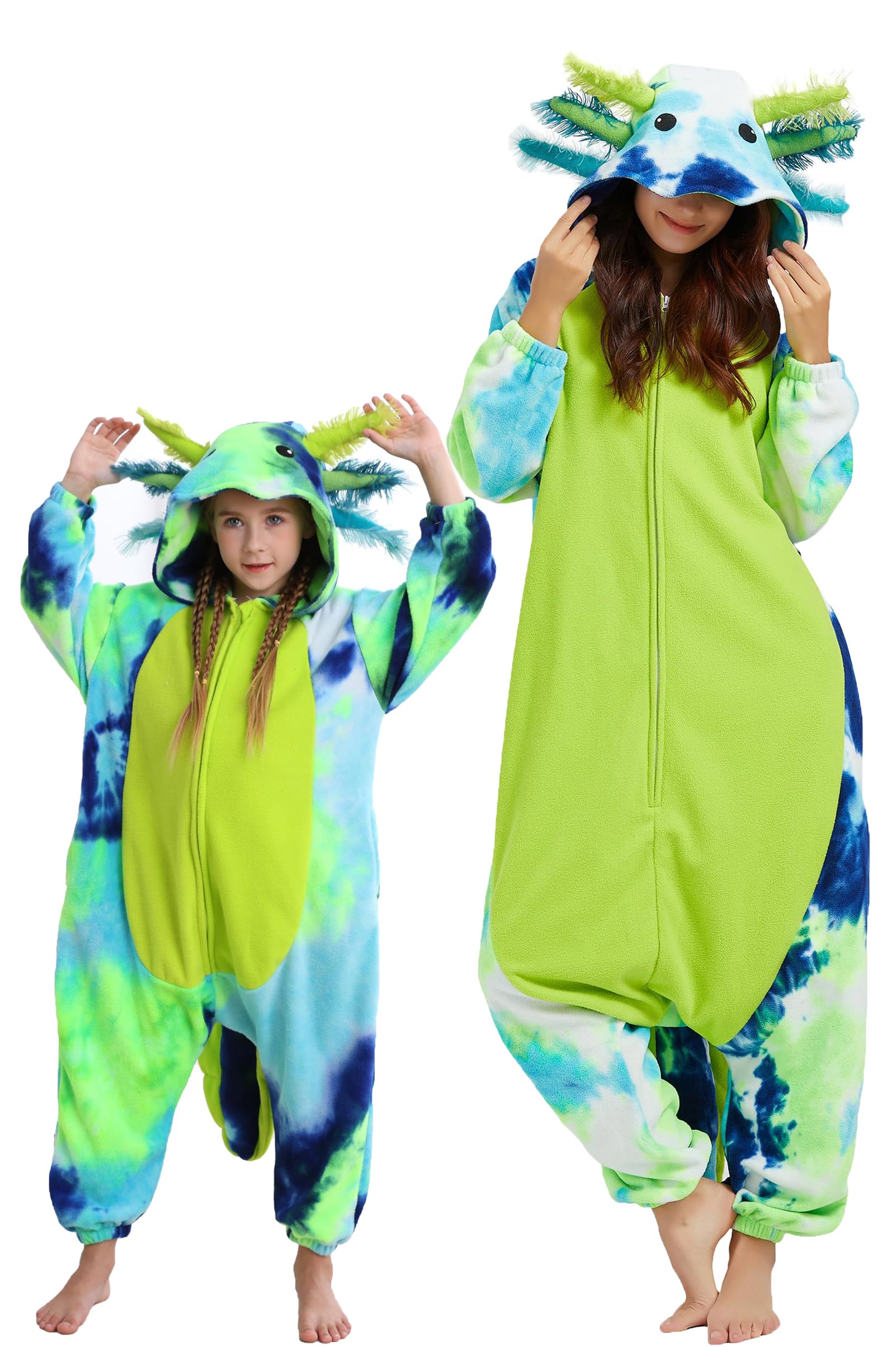 DarkCom Animal Onesie for Kids,Flannel Cosplay Dyeing Axolotl-Green Halloween Costume Parent-Child Sleepwear for Girls Boys 4-5 T