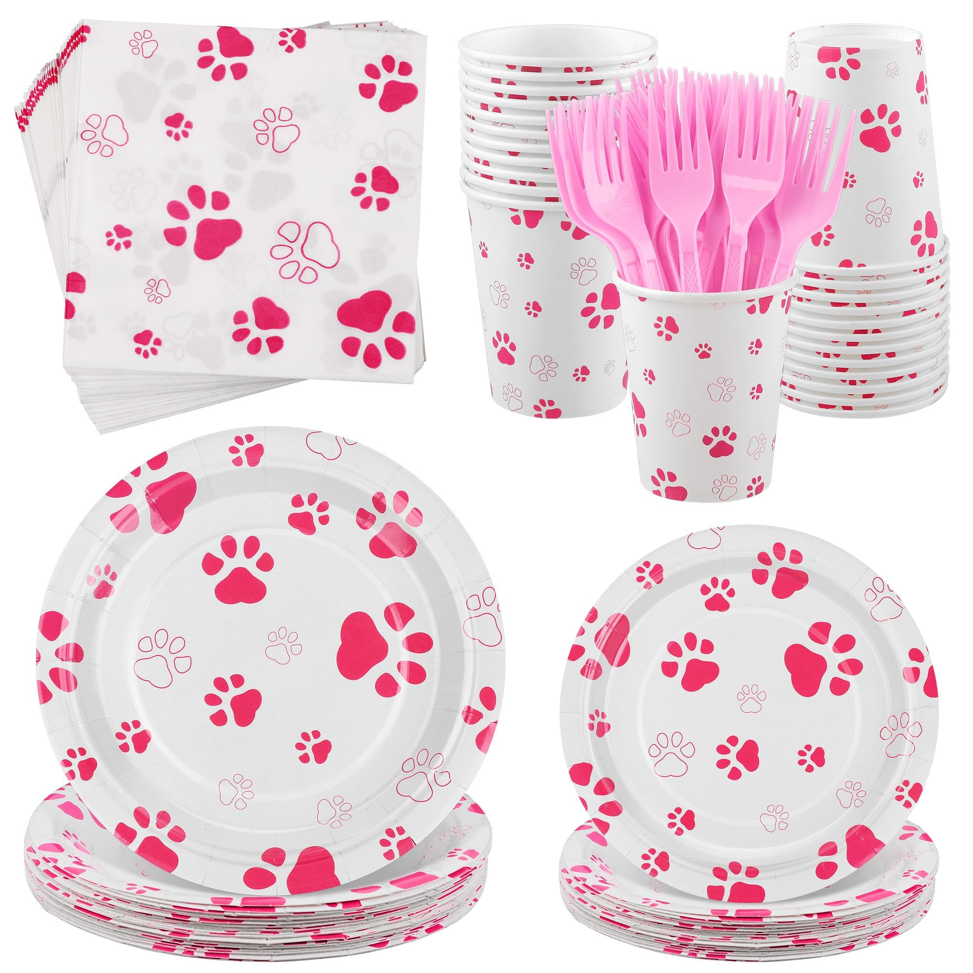 144 Pieces Pink Paw Print Party Tableware Sets Including Disposable Plates Napkins Cups Forks Serves 24 for Dog Puppy Theme Party Supplies
