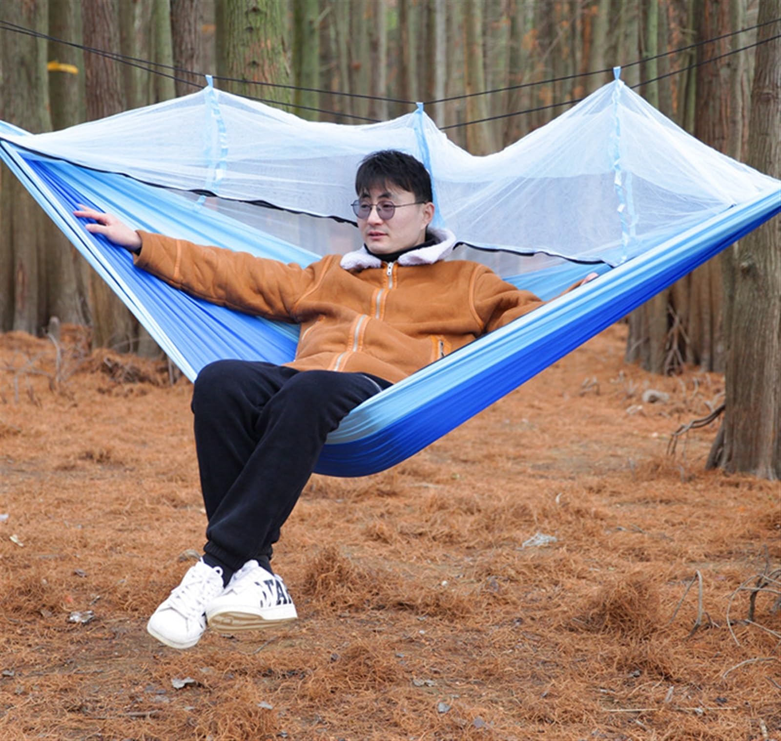 Hamak Ultralekki, Hammock Podwójny Hamak Z Moskitierą 260x140 Cm Plus Rozmiar Na Zewnątrz, Komary Parasol Nylonu na Kemping, na Zewnątrz(B)
