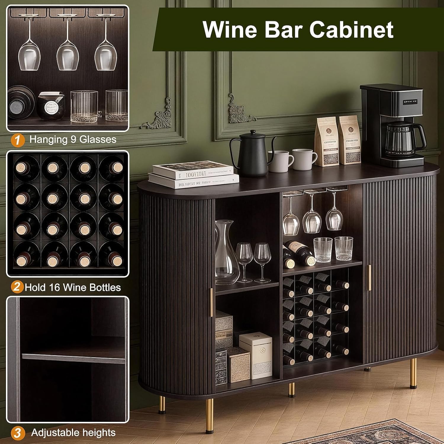 Wine Bar Cabinet with Storage: 55" Kitchen Coffee Bar Cabinet with Wine Rack and Glass Holder, Buffet Sideboard with LED Light for Home, Living Room, Entryway