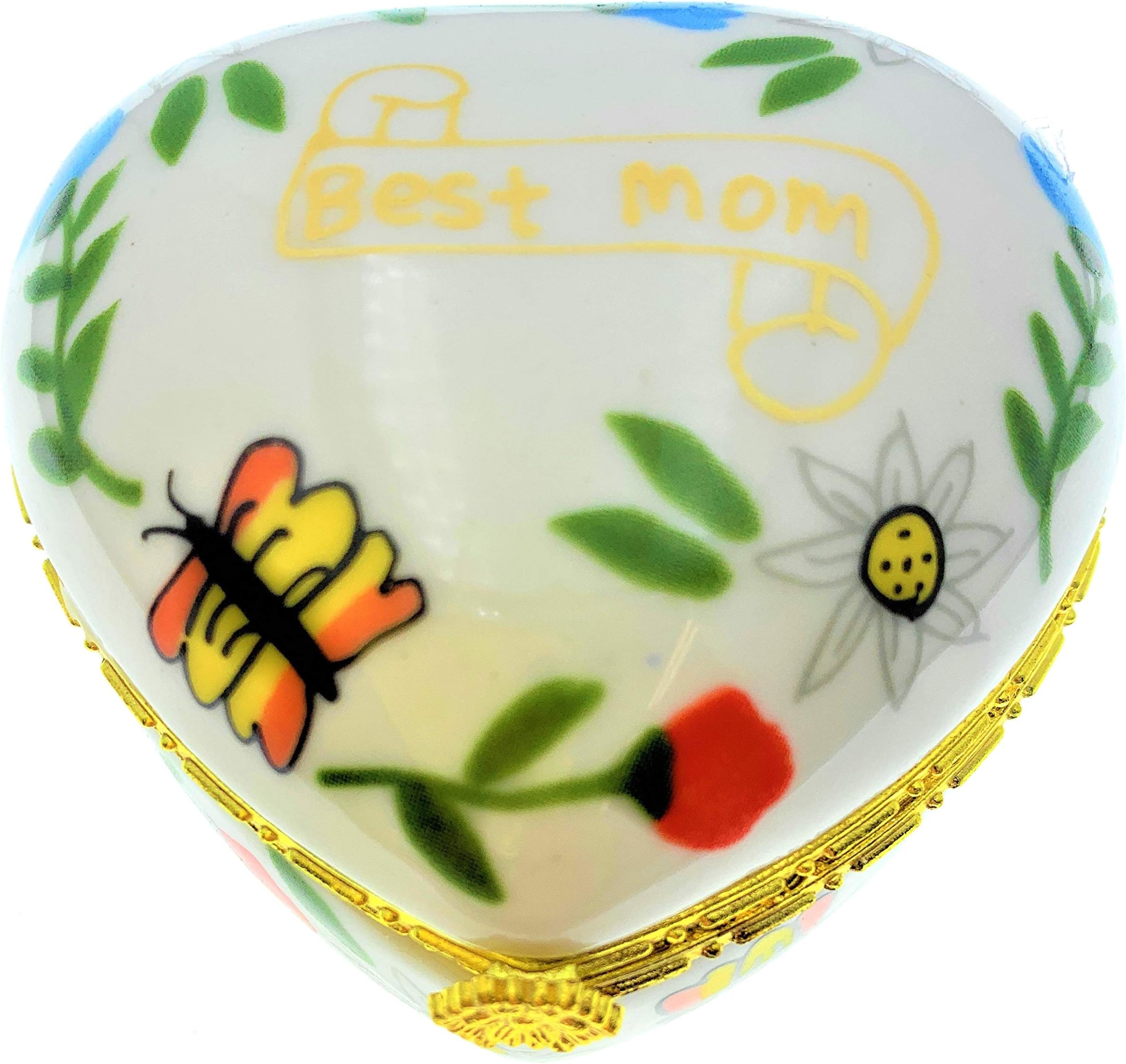 Best Mom Heart-Shaped Hinged Lid Porcelain Trinket Box with Heart Trinket Inside, by ArtGifts, 2.5" W