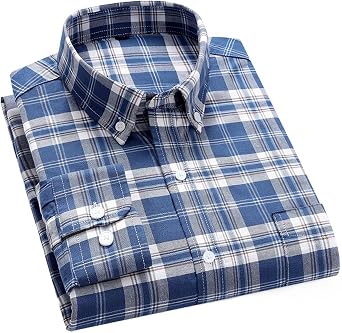 Cromoncent Mens Cotton Oxford Shirt Long Sleeve Button Down Dress Shirts with Pocket,Blue Grey,Large