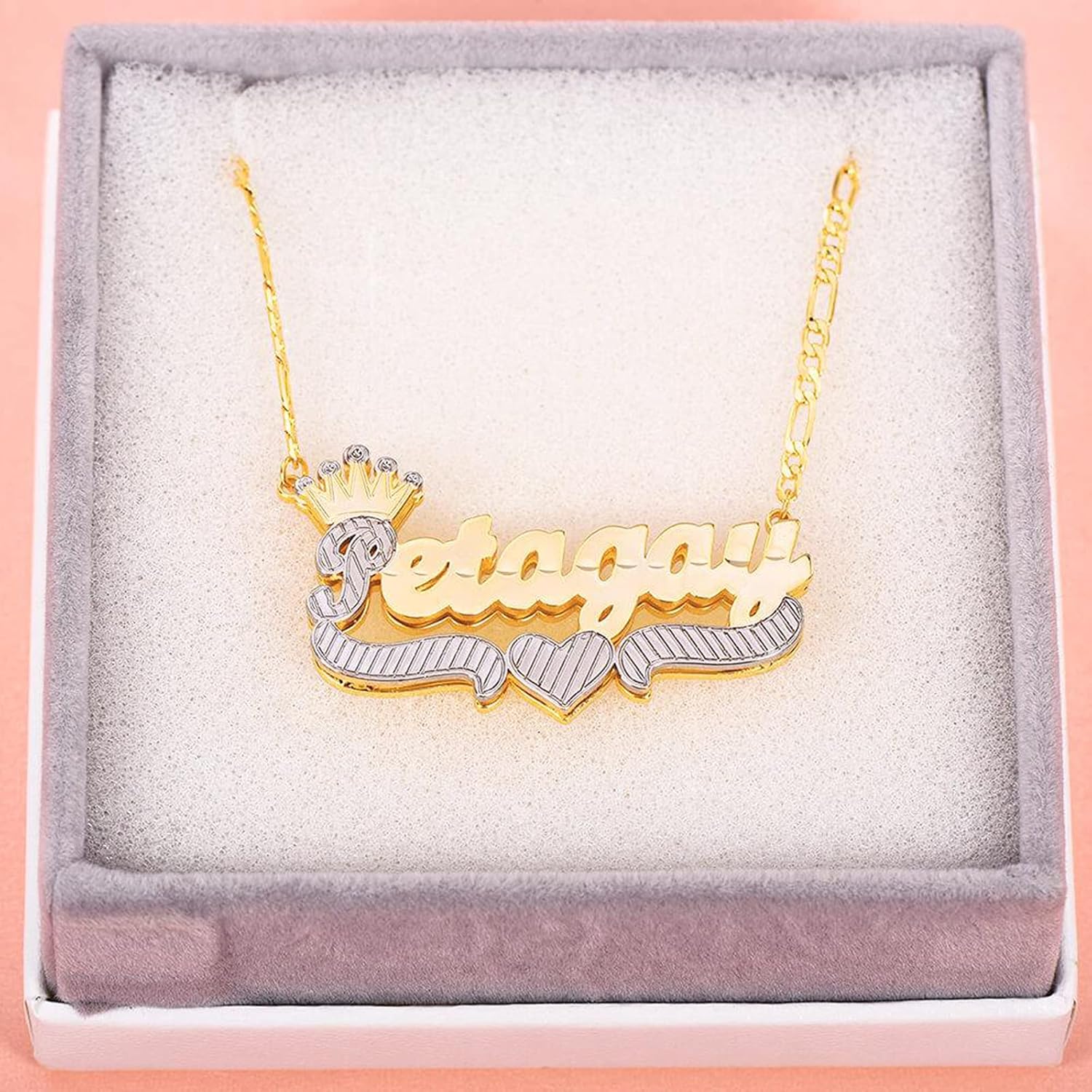 Gemiac Custom Name Necklace Personalized Double Plated Name Necklace with Heart Gold Plated Nameplate Necklace Gift for Women Girls