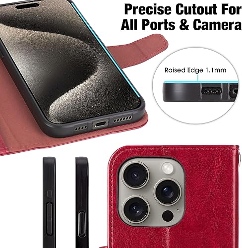 Miniatura 58 de Arae Compatible with iPhone 15 Case with Card Holder and Wrist Strap Wallet Flip Cover for iPhone 15 6.1 inch,Wine Red