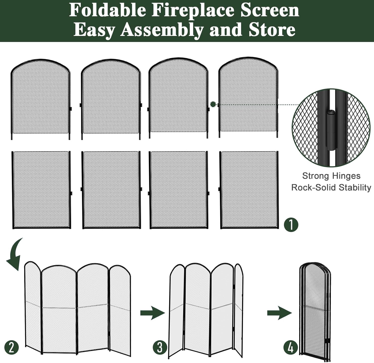 4-Panel Fireplace Screen, 47.8" W x 31" H Foldable Wrought Iron Fire Spark Guard, Decorative Metal Mesh Fireplace Cover for Living Room, Fire Cover for Baby,Pet Proof Safety Gate Black