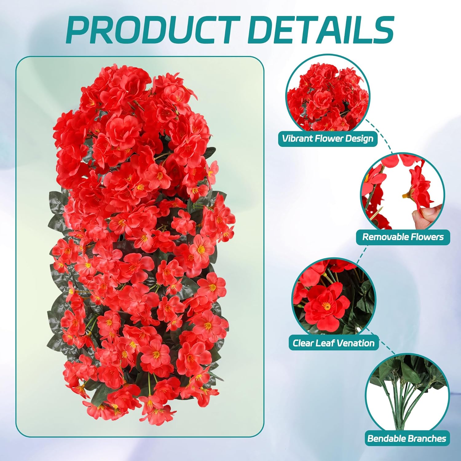 Apexion Artificial 2pcs Geraniums Flowers for Outdoors Hanging Planters Realistic Silk Vines UV Resistant for Outside Porch Patio Garden Decor (Red)