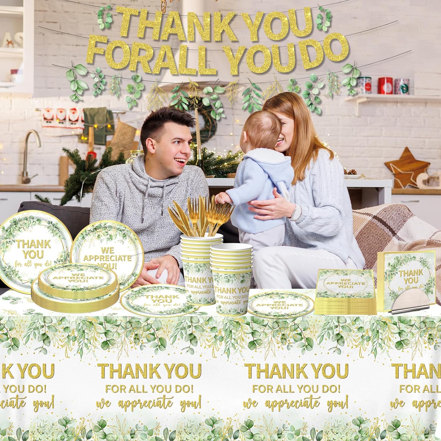 We Appreciate You Decorations - Sage Green Thank You Party Plates,Napkins,Banner Spring Eucalyptus Thank You for All You Do Table Decoration for Employee Teacher Graduation Appreciation Party - Image 3