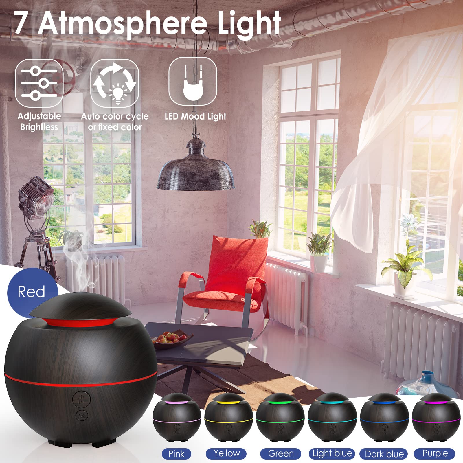 Simpeak Oil Essence Atomizer Diffuser 180ml Luchtbevochtiger Aroma Diffuser, 7 LED Light USB-aansluiting voor thuis en op kantoor Slaapkamer Spa Room - Donker bruin
