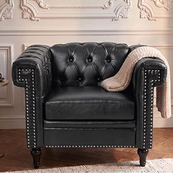 Chesterfield Chair, Faux Leather Chair with Tufted Backrest & Nailhead Trim, Mid Century Square Arm Chesterfield Couch, Upholstered Armchair with Solid Wood for Living Room Office Apartment, Black