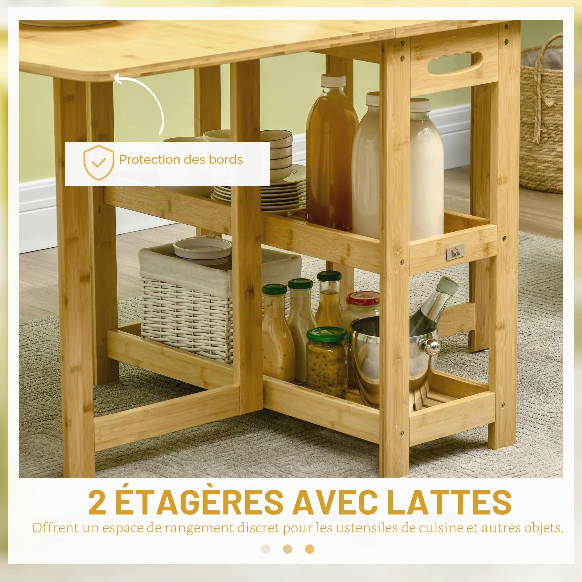 HOMCOM Table Pliante Salle à Manger 6 pers., 149.5x80x73.5cm, Naturel | Avec étagères, table pliante, table de cuisine, table de salle à manger, pour petits espaces, cuisine, salle à manger
