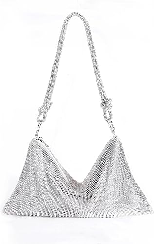 Bolso de noche con diamantes de imitación bolso de plata con cadena desmontable para fiesta
