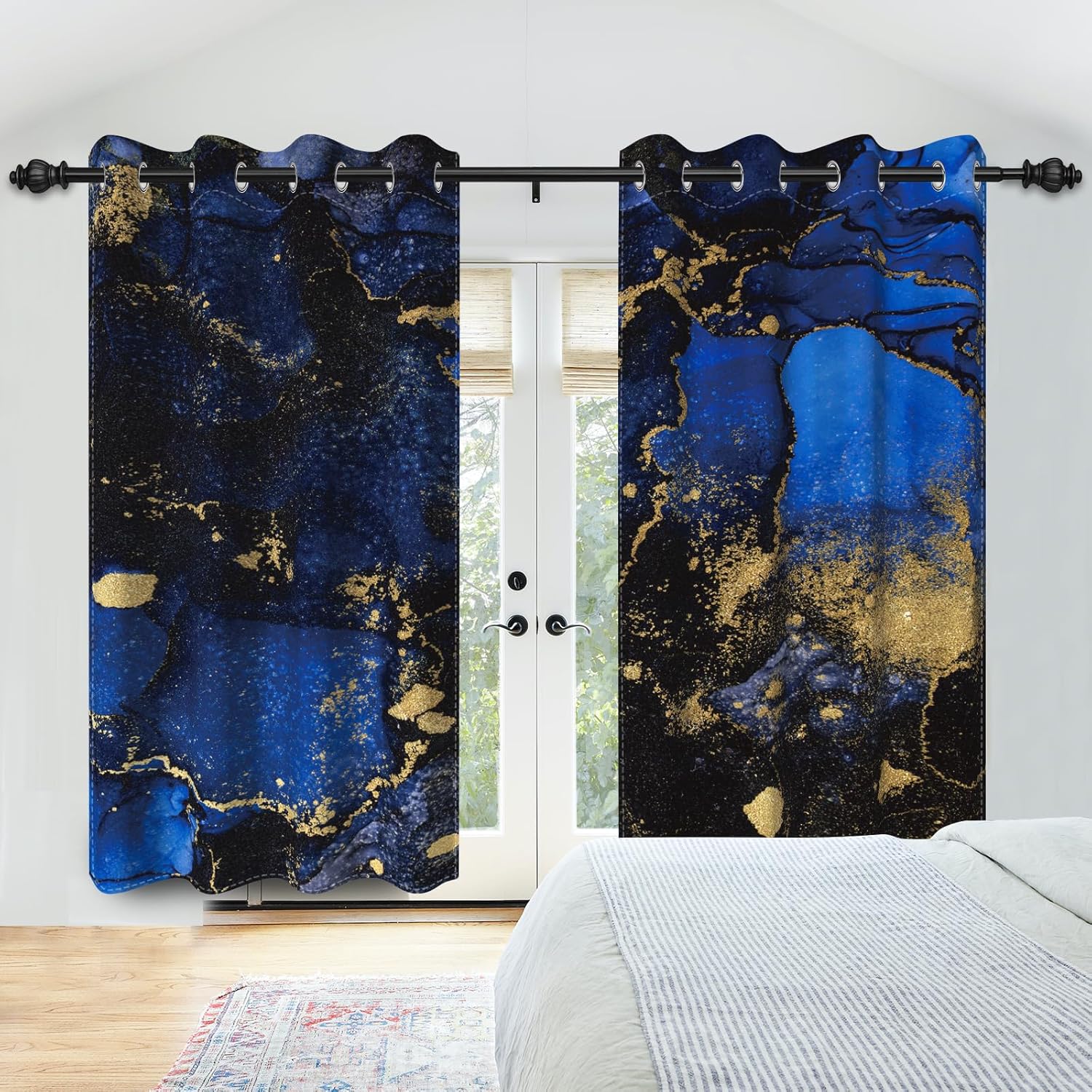 Laeacco Marble Blackout Curtains Royal Blue Black Marble Texture Curtain Drapes Modern Luxury Gold Crack Art Print Window Curtains for Home Office Bedroom Living Dining Room 52x84 Inch, 2 Panels