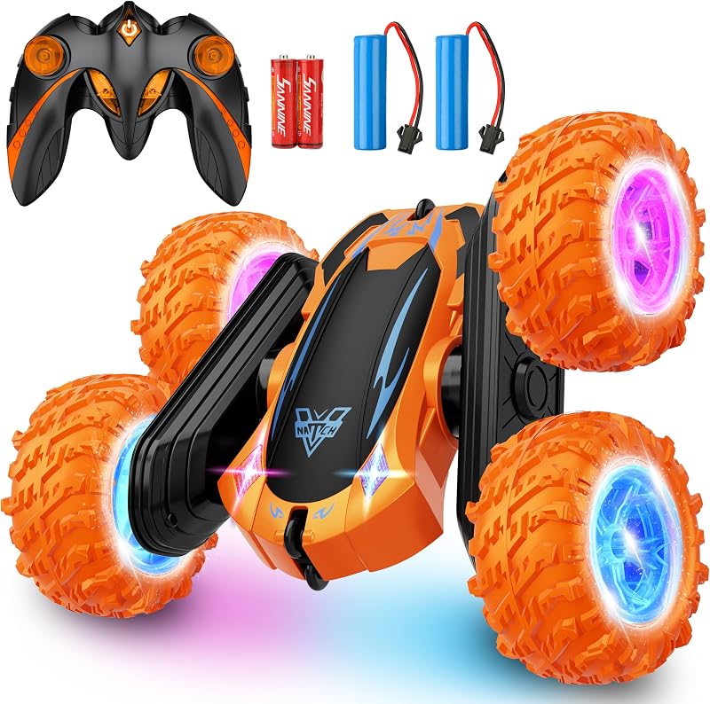 auto de control remoto, auto de carreras eléctrico de 2,4 GHz, auto RC giratorio de 360° | Juguetes de auto para niños, faros LED de doble cara RC 4WD de alta velocidad todoterreno regalo para niños de 3 4 5 6 7 8-12 años (naranja)
