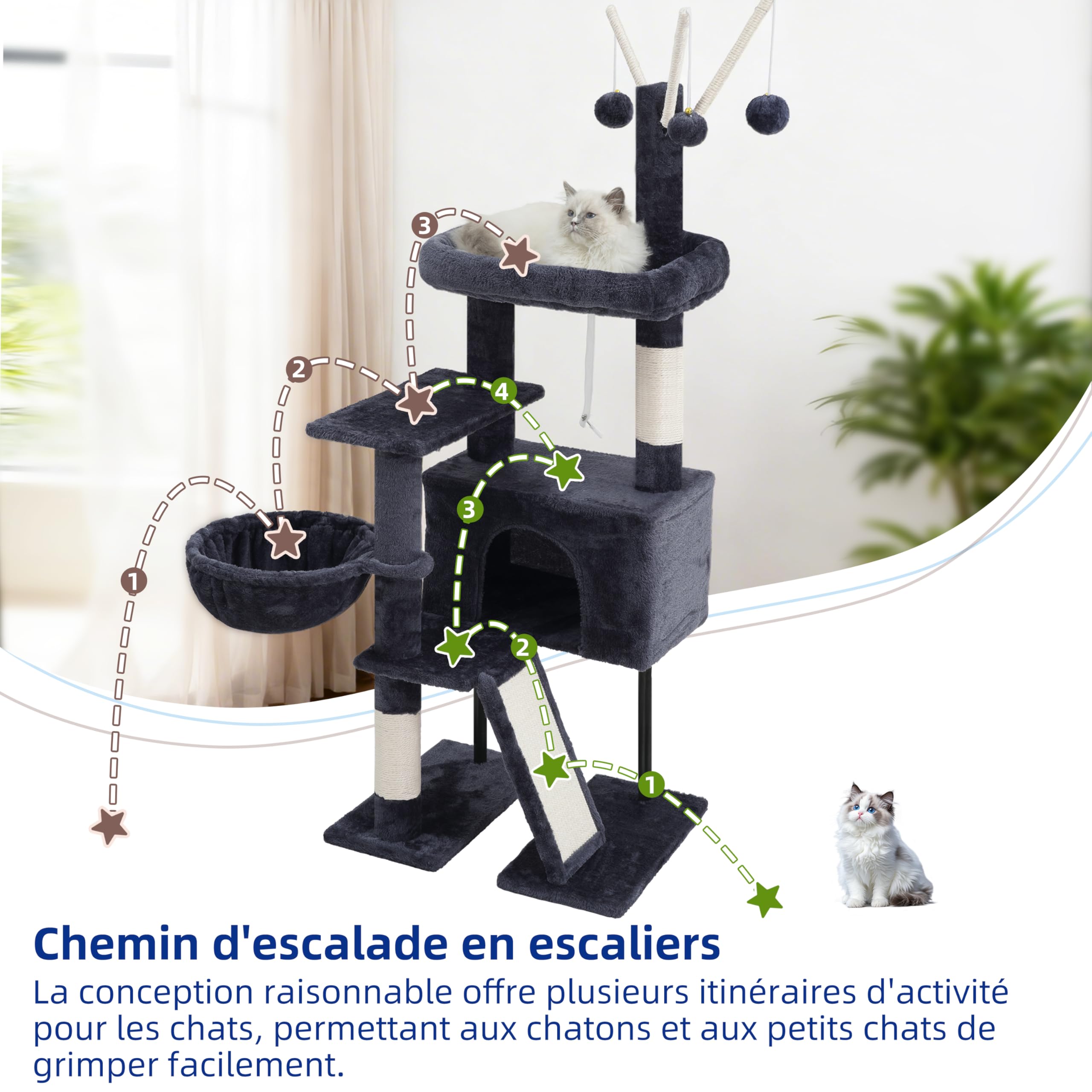 Gitelsnour Arbre à Chat Interieur, Tour de Jeux pour Chats, Tour Chat avec Griffoirs, Plateforme supérieure Amovible, Poteaux à Griffer, Hamac, Pompons, Niches, Gris foncé GCT006SG