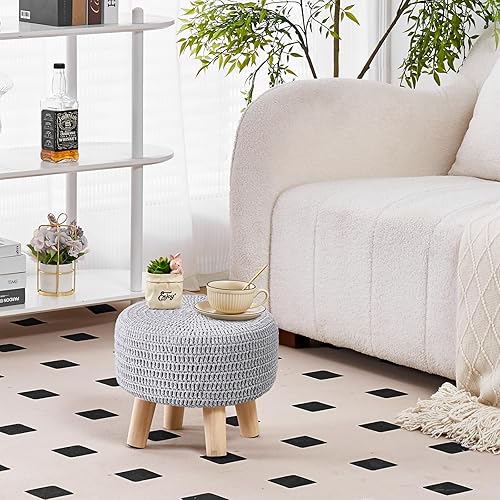 Miniatura 2 de Wimarsbon Otomanas pequeñas, puf otomano 100% tejido a mano, reposapiés redondo con 4 patas de madera antideslizantes, puf de cuerda de algodón de