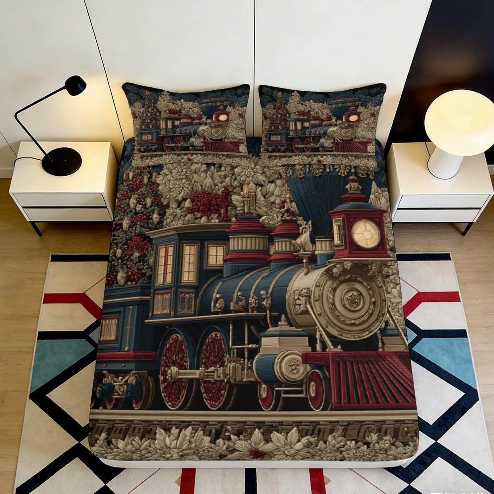 3D Printed Vintage Steam Train Fitted Sheet Microfiber Soft Bedroom Decor Locomotive Bed Cover for Home Dorm Guest Room 90x200x25cm
