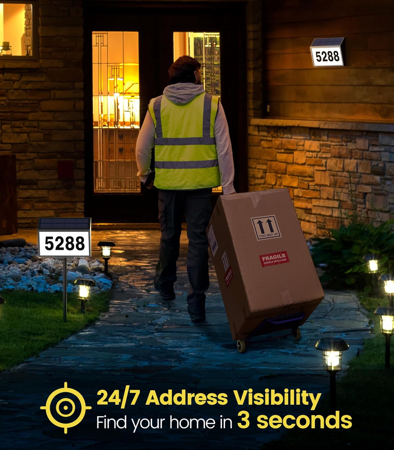 GEAGMAGC Solar House Numbers for Outside Light up, LED Illuminated Home Number Address Sign Plaque Waterproof for Yard, Wall-Mounted or Floor-Plugged- Black, 8.7 × 6.4 inch