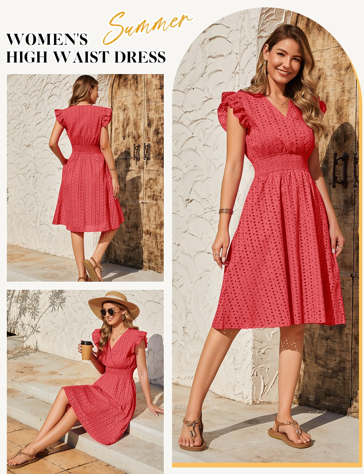 heekpek Sommerkleid Damen Knielang Baumwolle V Ausschnitt Damenkleider Midi Luftige Sommerkleider Ösen Spitze A-Linien Kleid Elegant Rüschenärmel Kleider mit Taschen