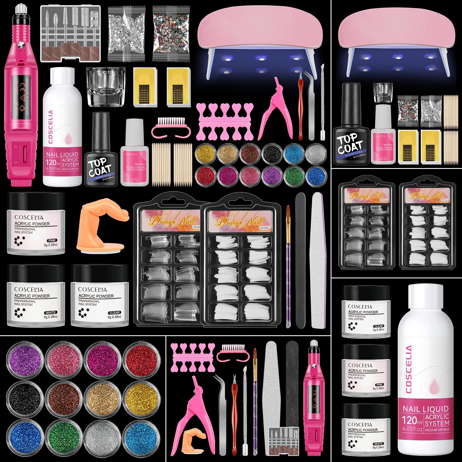 Coscelia Kit Uñas Acrilicas para Extensión Completo con UV Lámpara, Acrilicas para Uñas Profesional Monómero y Limas Para Uñas Manicura Eléctrica, Kit Manicura Semipermanente Uñas Arte Set