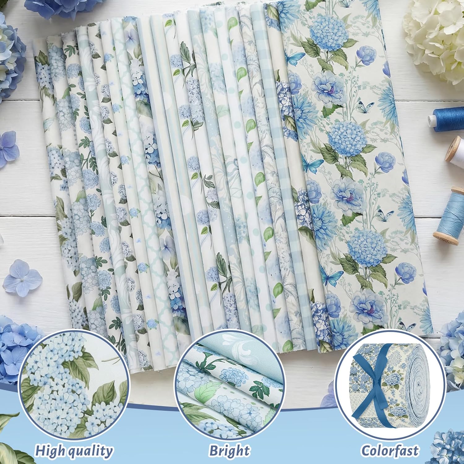 Frienda 20 Pcs Hydrangea Cotton Fabric Bundles 18 x 22 Inch Blue Spring Floral Printed Fat Quarters Flower Plaid Stripe Sewing Fabrics for Home DIY Handmade Craft Easter Party Decor