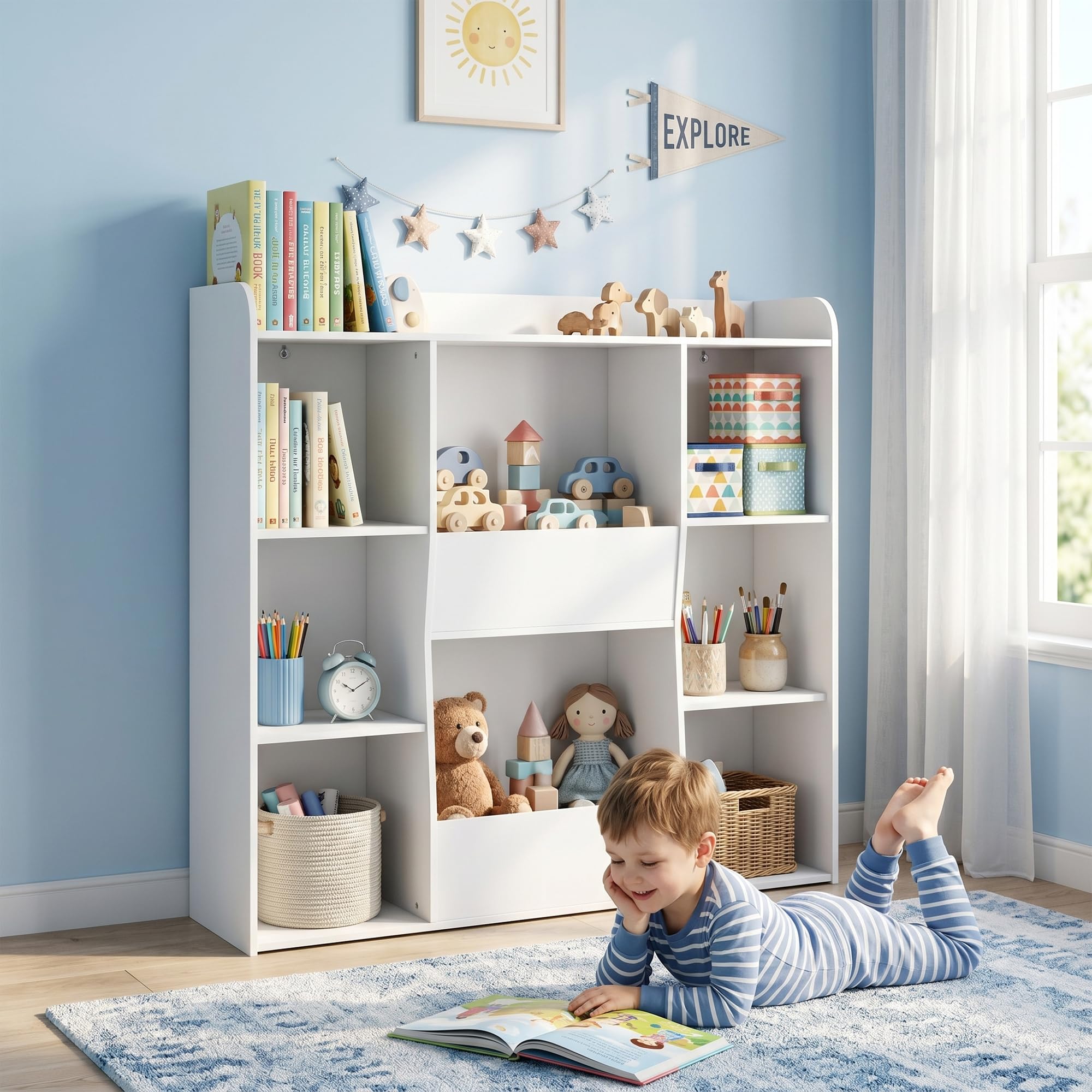 AIYAPLAY Meuble Rangement Enfant, bibliothèque Enfants avec 8 Compartiments et étagère supérieure, Anti-basculement, Rangement Jouets pour Chambre d'enfants, Salle de Jeu, crèche, Blanc