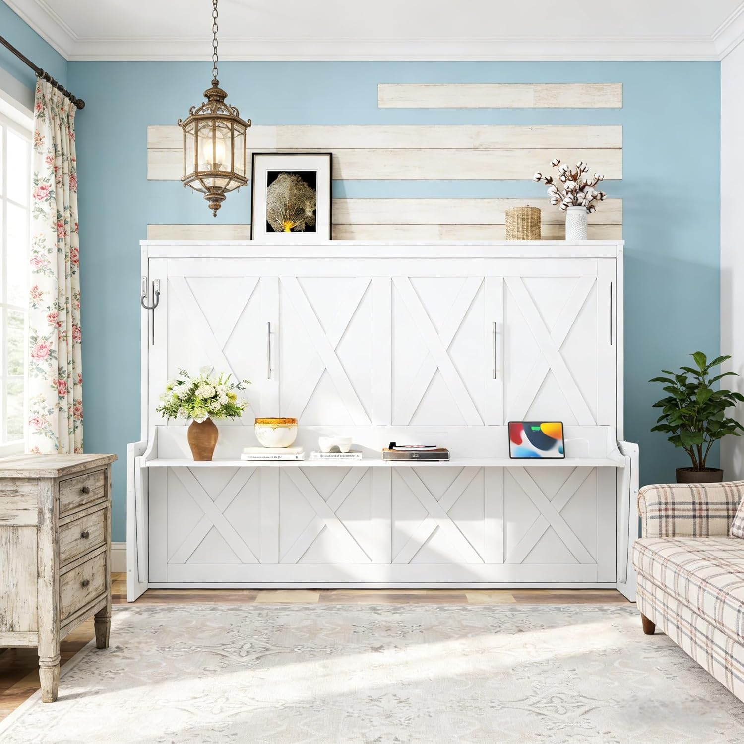 SOFTSEA Queen Size Horizontal Murphy Bed with Desk, Farmhouse Wall Bed Frame with LED Lights & Charging Station, Wood Hidden Murphy Cabinet Bed for Home Office Guest Room, White