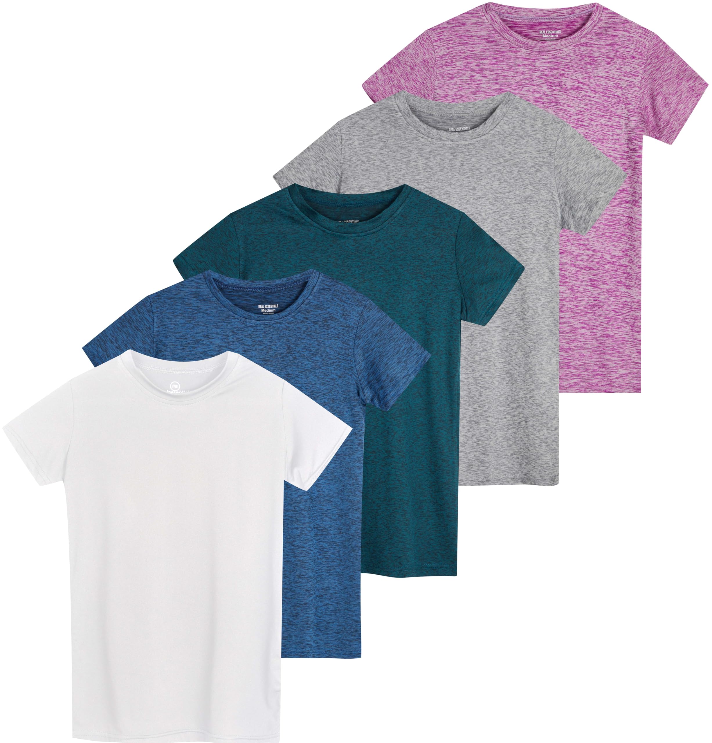 Real Essentials 5 Pack: Girls' Short Sleeve Dry-Fit Athletic T-Shirt - Active Gym Crew Neck Tops for Teens Kids - Set 7, M (8-10)
