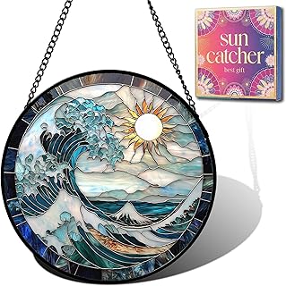 Birthday Gifts for Women - Blue Giant Waves Faux Stained Glass Window Hanging Sun Catcher for Door Garden Acrylic Home Sea Decor Mother's Day for Mom Nana Friend Grandma Wife 6.3