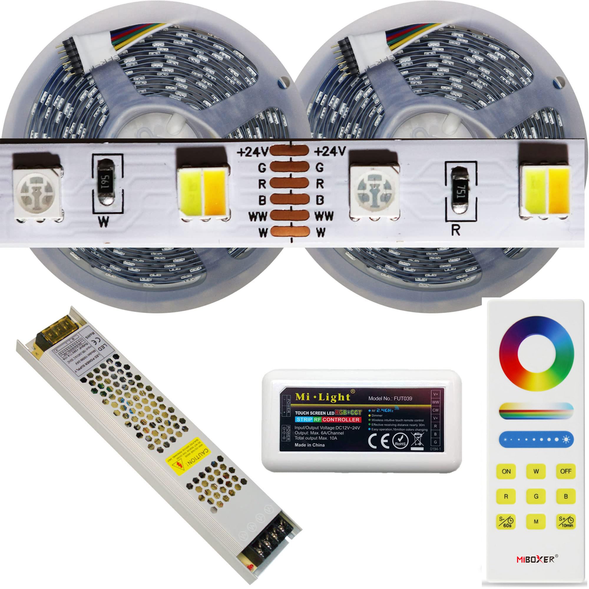 Kit da 10 metri (2 Bobine+1 trasformatore da 100w +1Controller) RGB + Bianco Regolabile, 300+300Led, 60+60Watt, 5.000+5.000 Lumen 24V RGBCCT. Striscia Led Strip ip20