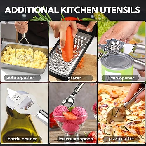 Miniatura 4 de Juego de 33 utensilios de cocina de silicona negra antiadherentes, resistentes al calor y aptos para lavavajillas, con asas de acero inoxidable para