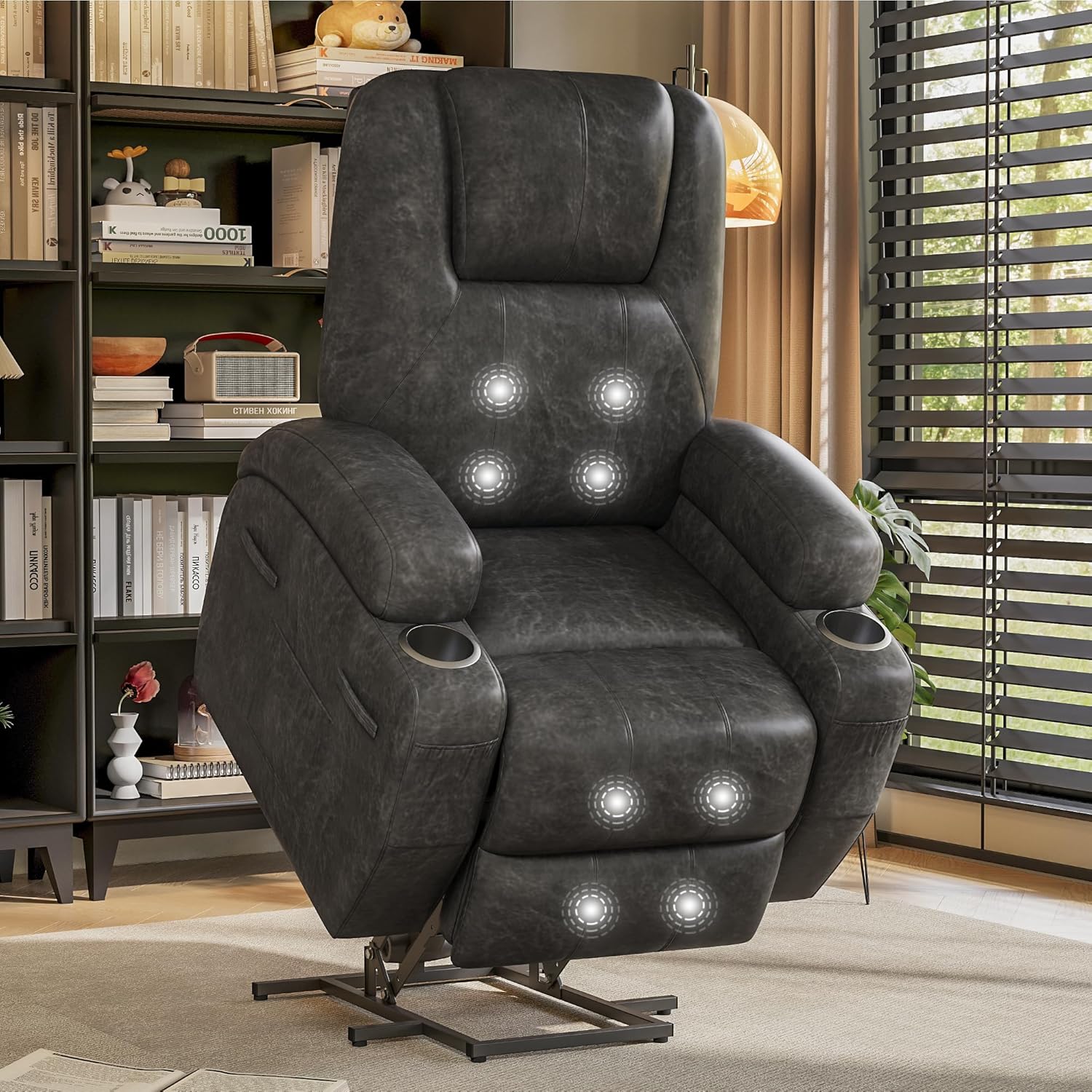 Flamaker Power Lift Recliner Chair for Elderly - Electric Lift with 8-Point Massage, Cup Holders, Side Pockets (Leathaire, Light Black)