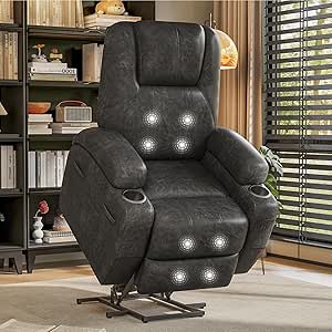 Flamaker Power Lift Recliner Chair with Massage, Cup Holders, and Storage - Light Black