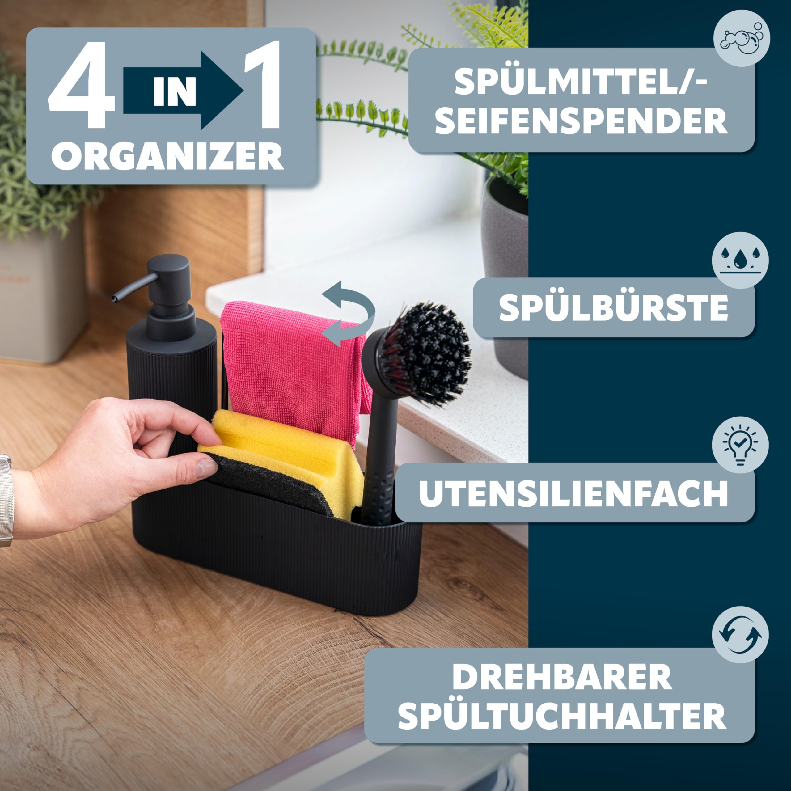 eluno Spülbecken Organizer mit Soft-Touch Oberfläche für Küche & Bad, Spülutensilienhalter inkl. Seifenspender, Spülbürste mit Bürstenkopf und Spültuchhalter, mit Ersatzbürstenkopf und Pumpe (Rund)