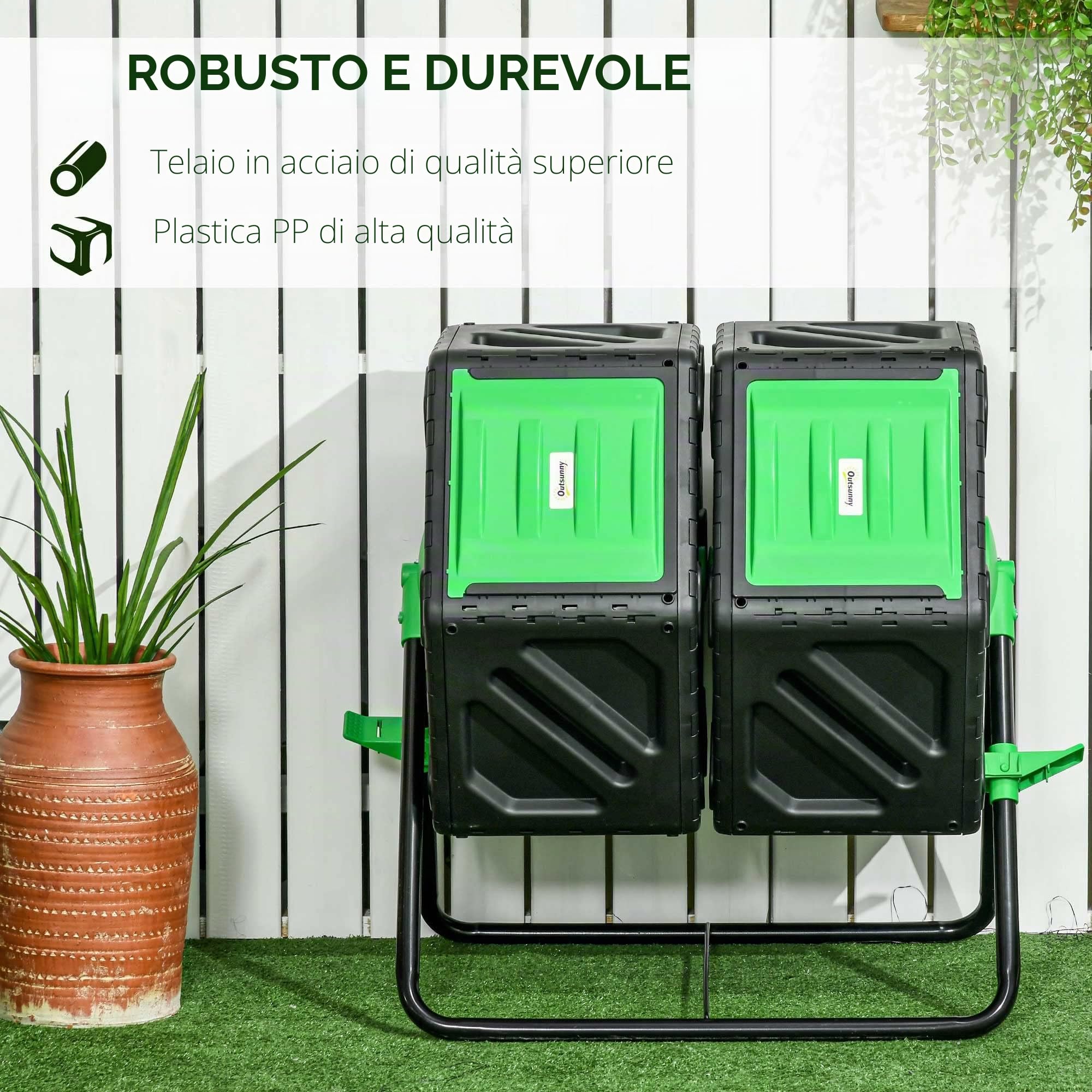 Outsunny Composter da giardino – vassoio compost per rifiuti – rotante a 360° – doppia camera 160 L – acciaio PP nero