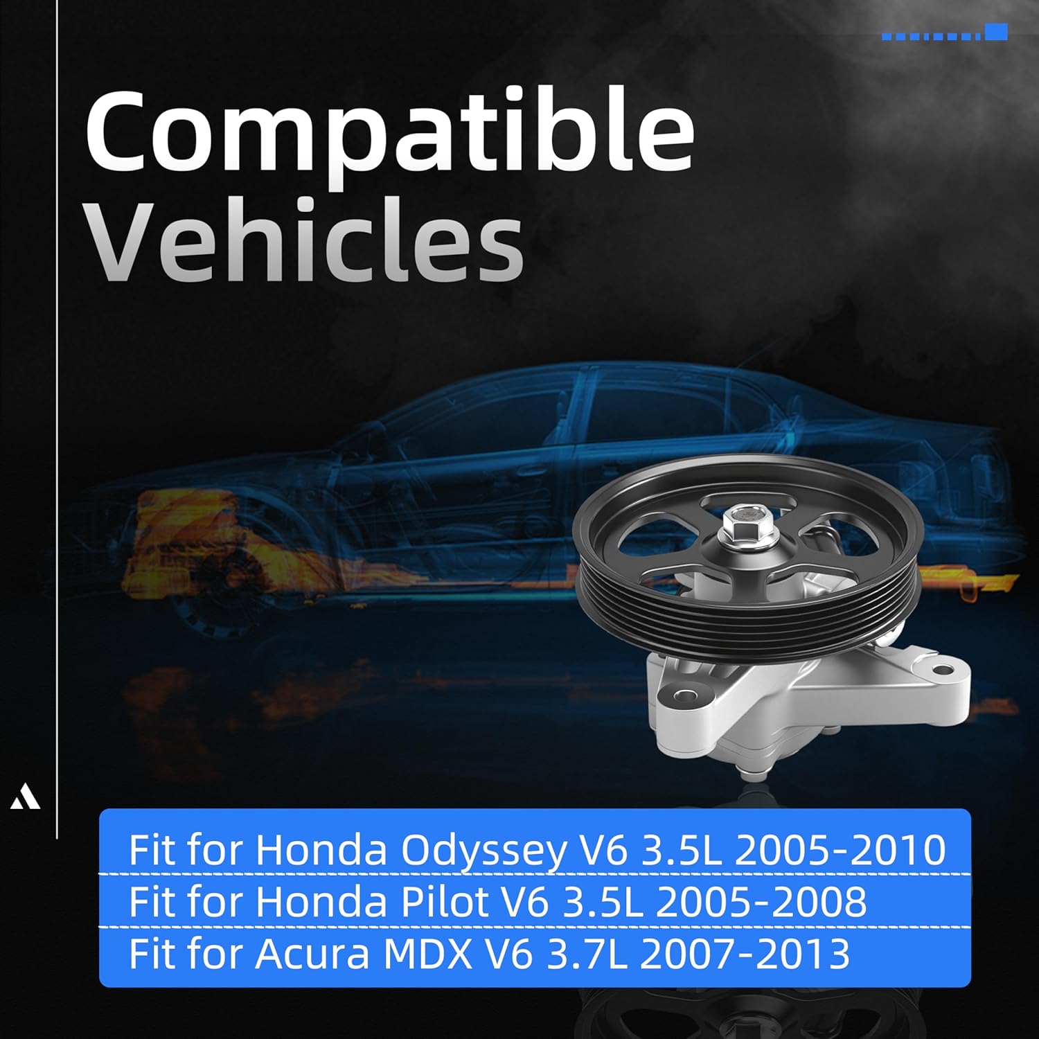Power Steering Pump with Pulley, 2005-2010 for Honda Odyssey V6 3.5L, 2005-2008 for Honda Pilot V6 3.5L, 2007-2013 for Acura MDX V6 3.7L, 215442, 965442, 56110RGLA01, 56110RGLA03, 56110RGL305