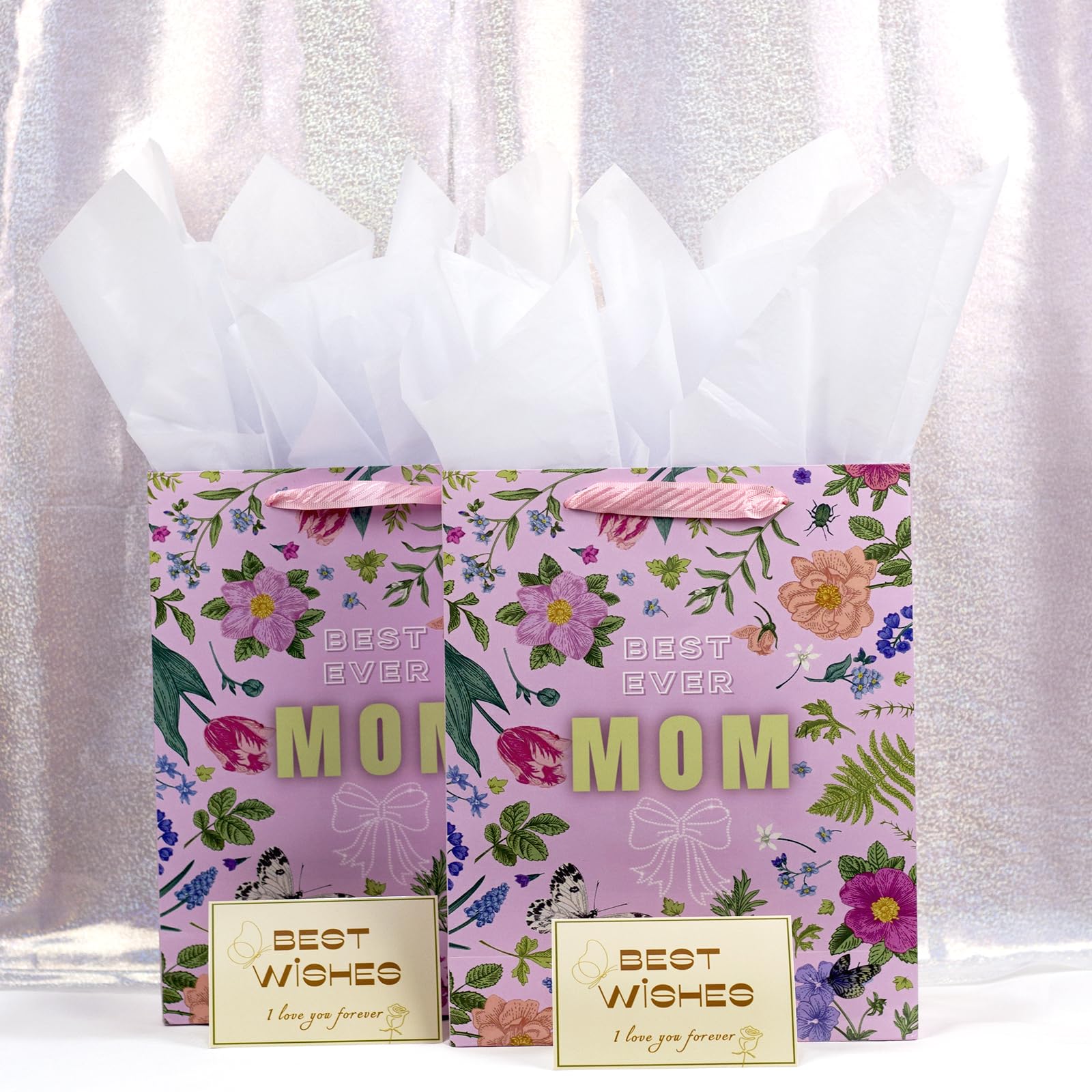2 Pack 13" Large Mother Day Gift Bags with Handles, Pink Floral Gift Bags with Tissue Paper & Cards for Mom Grandma Women Holiday Birthday Mothers Day Gift Bags