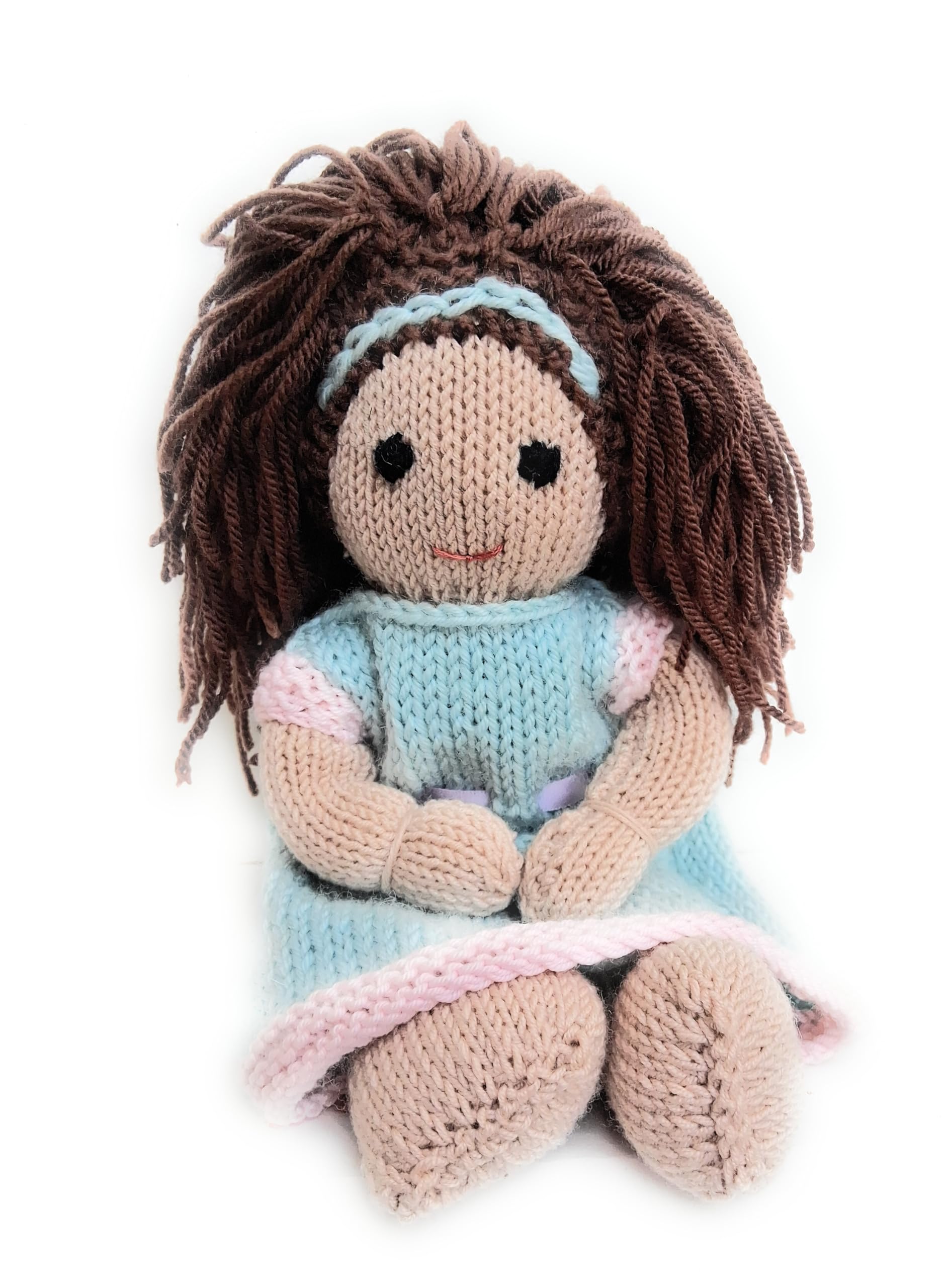 Handmade Doll, Pale Brown Hair Doll, 12" Doll, Handknitted in 100% wool with Hand-Knitted Removable Knitted Woollen Dress