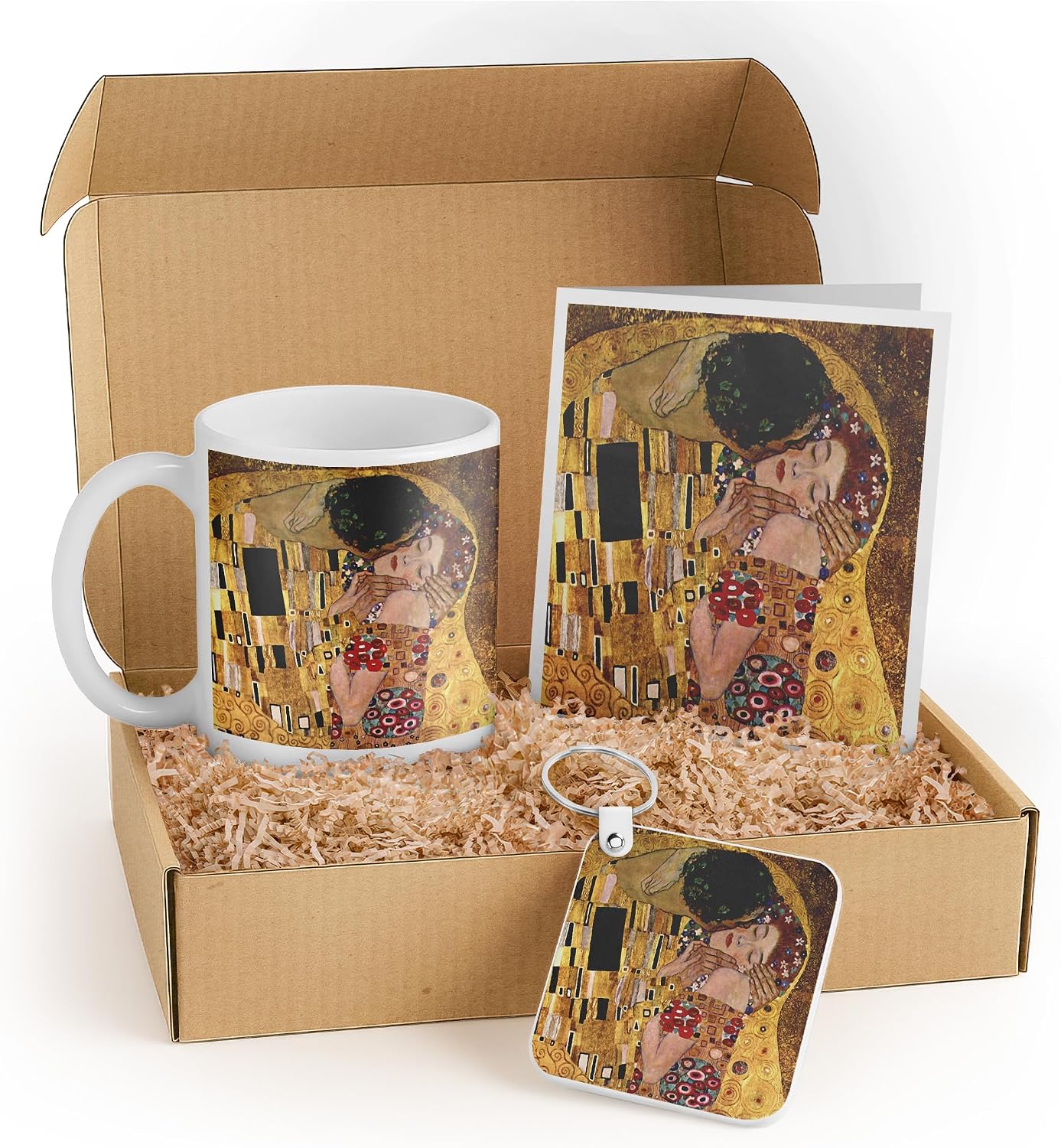 3dRose Gustav Klimt The Kiss Gift Set - Mug, Keychain, and Card - Romantic Artwork with Gold Accents for Art Lovers, Anniversaries, and Special Occasions