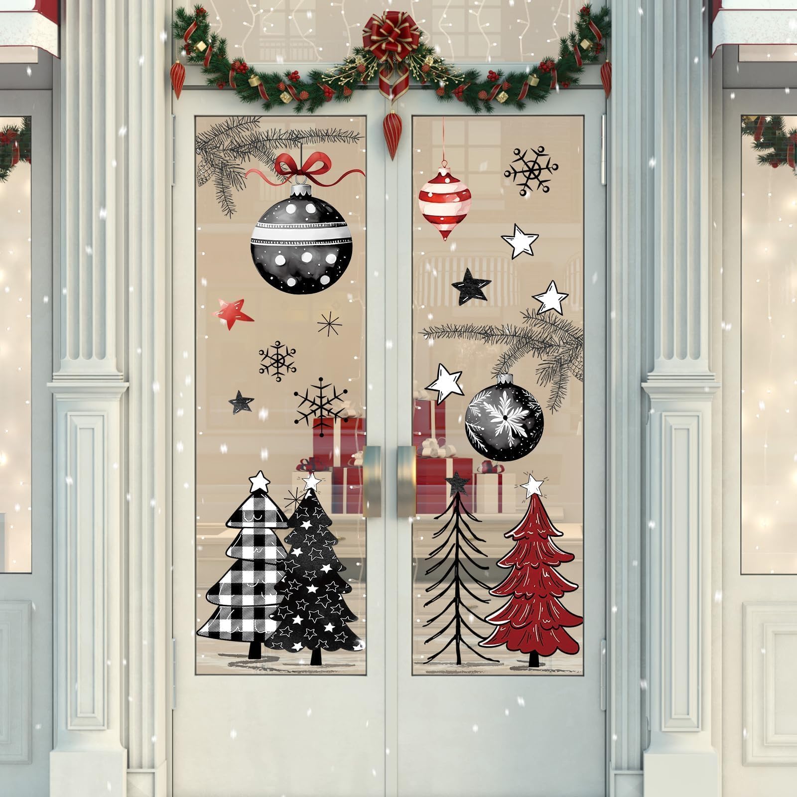 Frohe Weihnachten Türaufkleber Rot und Schwarz Büffel Plaid Weihnachtsbaum Schneeflocken Türaufkleber DIY Weihnachtsbaum Türaufkleber Wandbild Abziehbilder für Weihnachten Winter Home Tür Wand