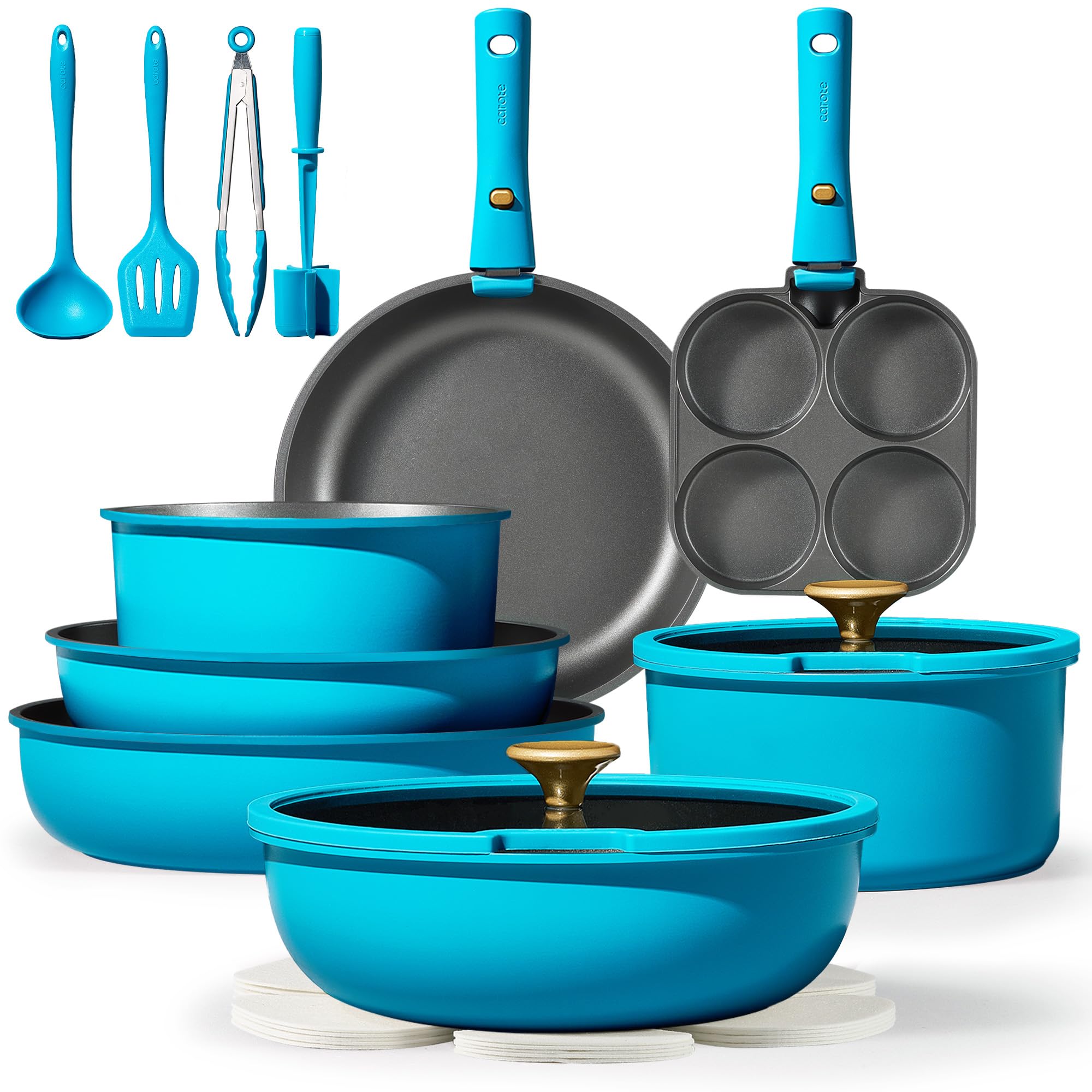 CAROTE 21pcs Pots and Pans Set, Nonstick Cookware Set Detachable Handle, Induction Kitchen Cookware Sets Non Stick with Removable Handle, RV Cookware Set, Peacock Blue