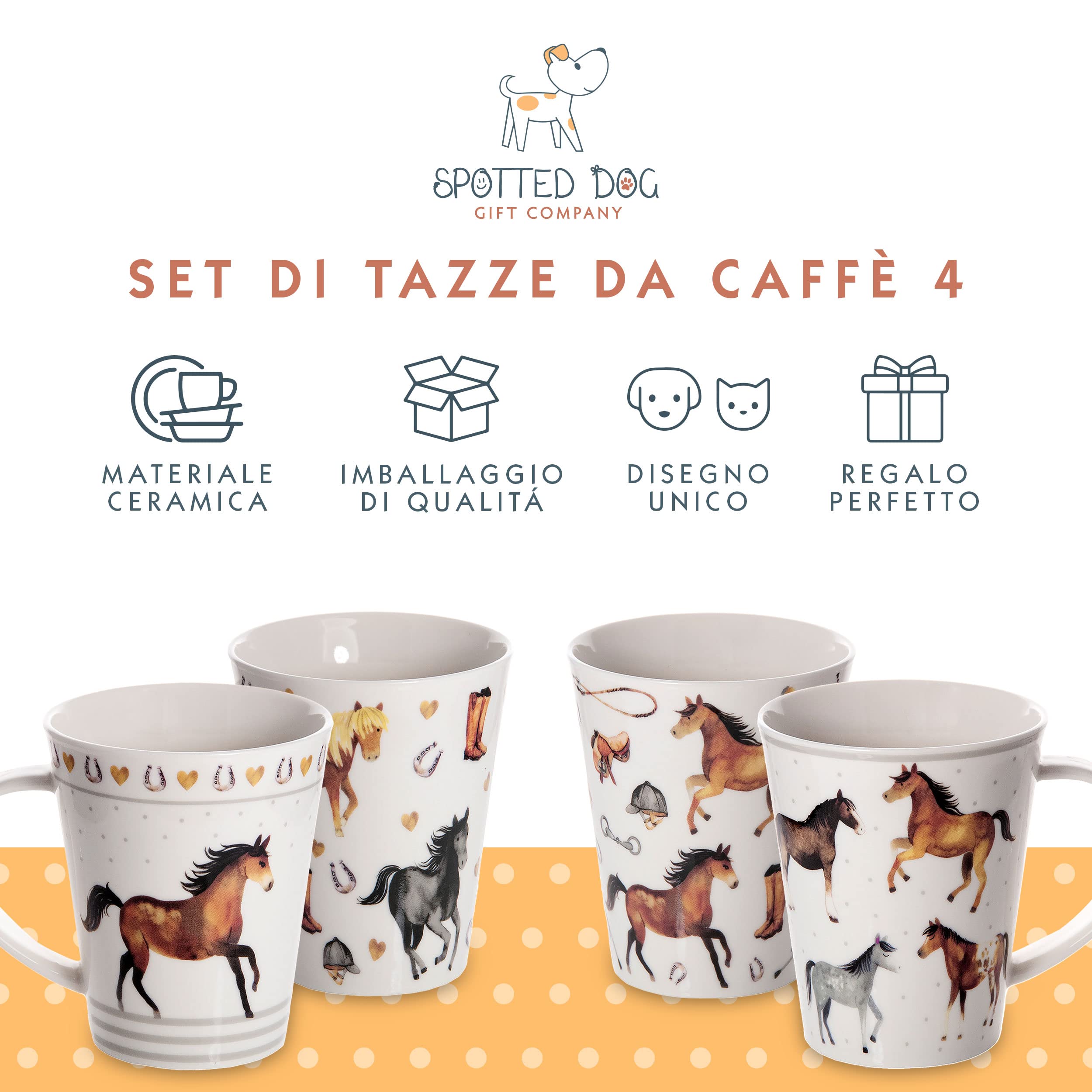 SPOTTED DOG GIFT COMPANY Set di 4 Tazze da Caffè in Ceramica 360 ml per Caffè e Tè, Tazze a Tema Cavallo, Idee Regalo Cavalli per Donne Uomini e Ragazze