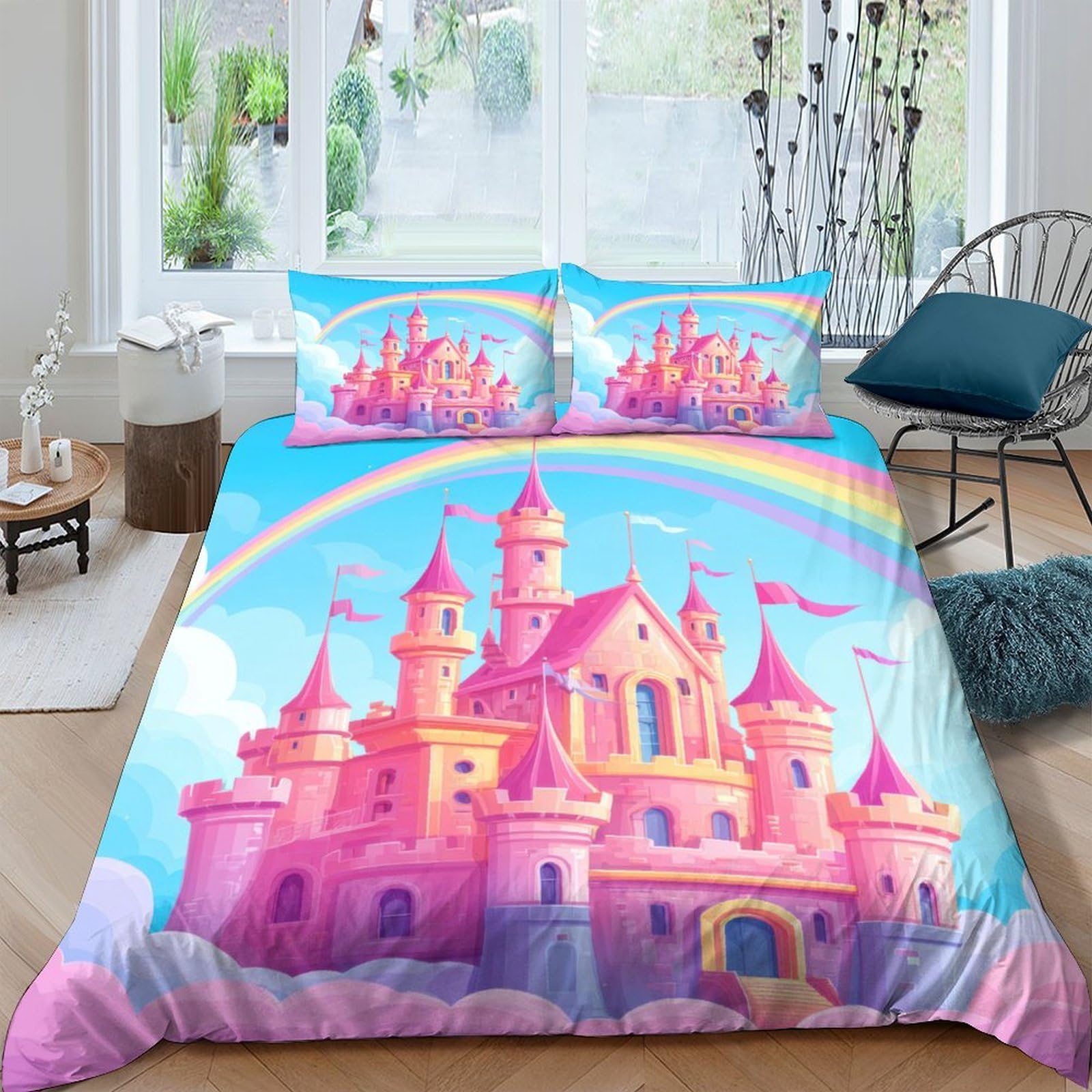 Ctjqhvkz Style-7 3D Printed Pink Castle Fitted Sheet Microfiber Soft Fairy Tale Rainbow Bed Cover For Bedroom Guest Room Decor Mattress Protection Single（135X200cm）